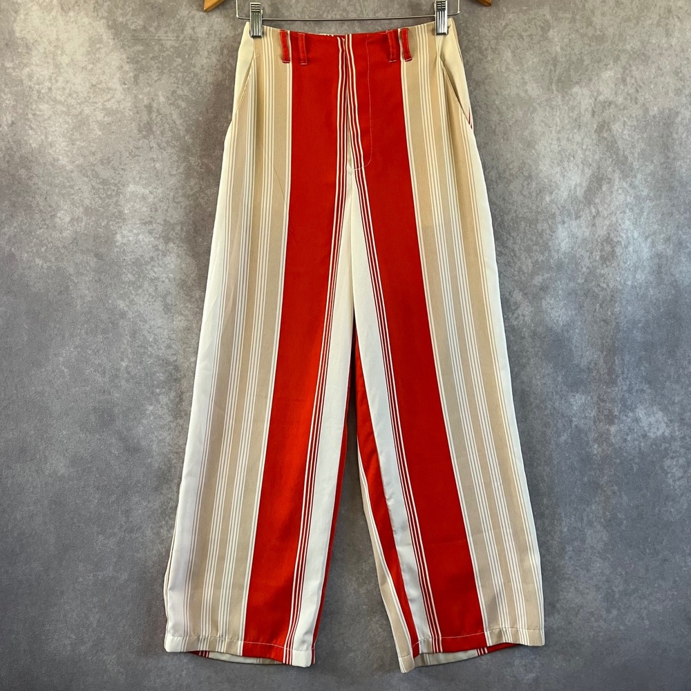 Forever 21 Contemporary Wide Leg Pants Womens S Red Cream Tan Striped High Rise